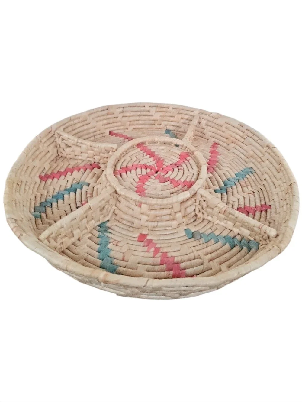 Vintage Boho Coiled Raffia Straw Sectional Basket ~ Chips & Dip Basket/ Decor